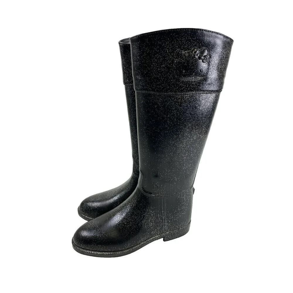 BOGO Hello Kitty Angelina Shimmer Rain Boots Black Glitter Pull On Knee High 6